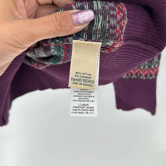 L.L. Bean Turtleneck Cotton Cashmere Sweater Purple Red Fair Isle cozy warm - Picture 6 of 7